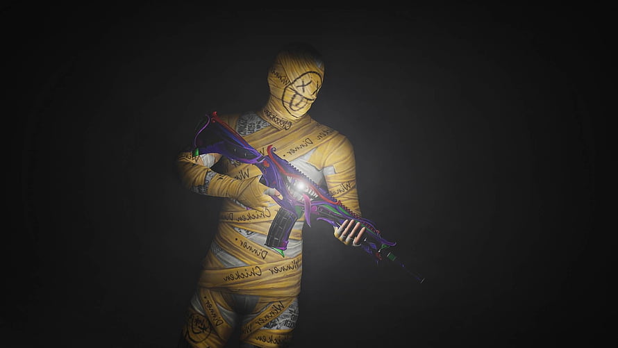 PUBG Mummy Skin Character Holding Neon Rifle in Dark Atmosphere HD wallpaper