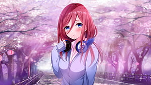 Miku Nakano from The Quintessential Quintuplets in a Cherry Blossom Tunnel HD wallpaper