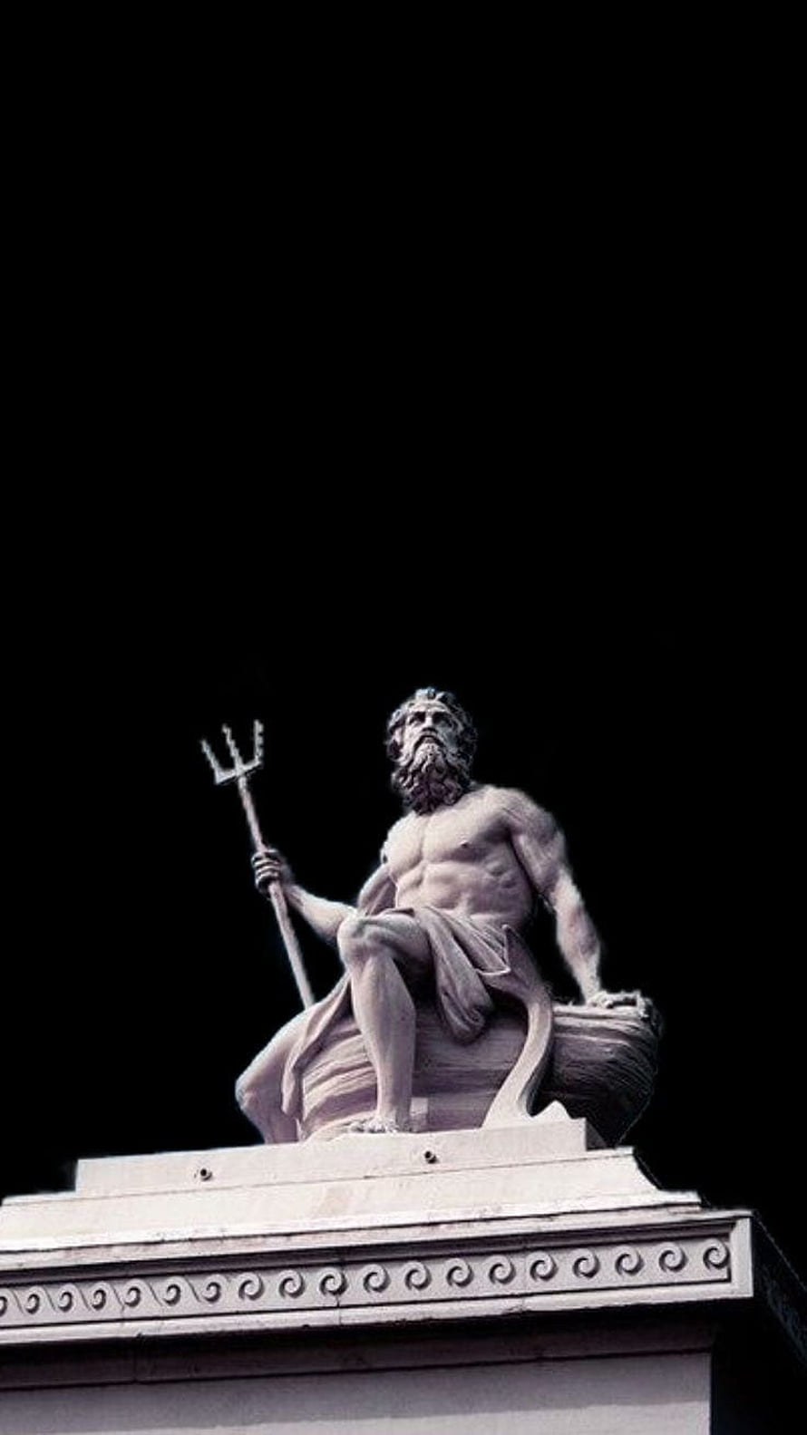 Neptune Statue Holding Trident on Classical Pedestal Against Black Background HD phone wallpaper