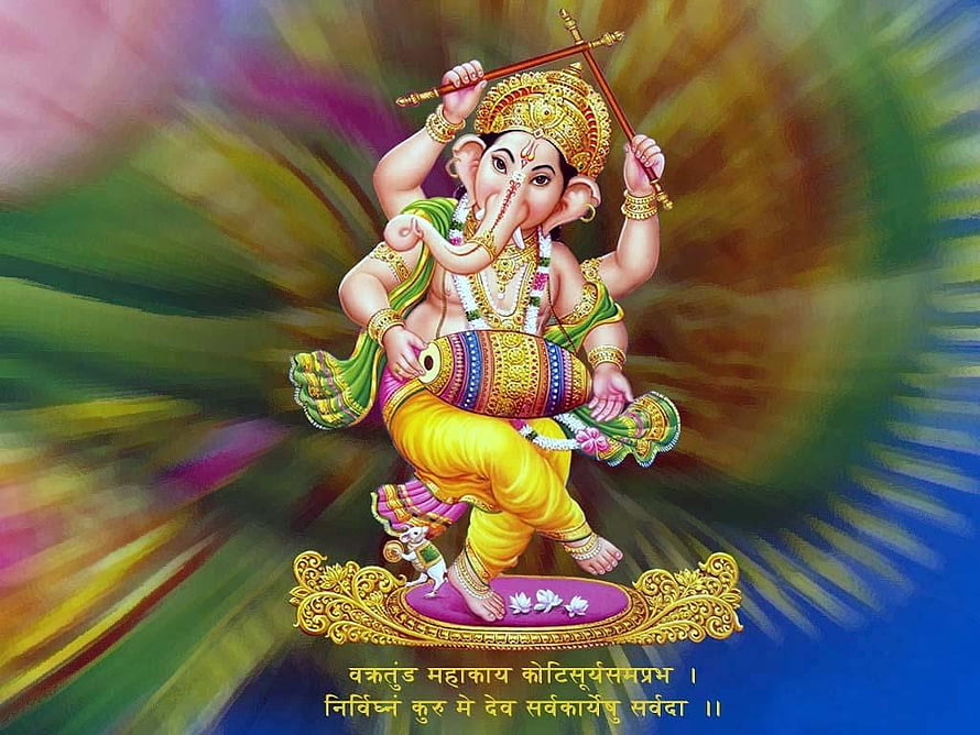 Dancing Ganesha Playing Mridangam on Lotus Pedestal with Radiant Multicolored Background HD wallpaper