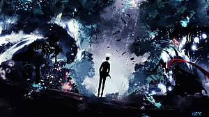 Solo Leveling Silhouette Confronting Shadow Army in Dark Forest HD wallpaper