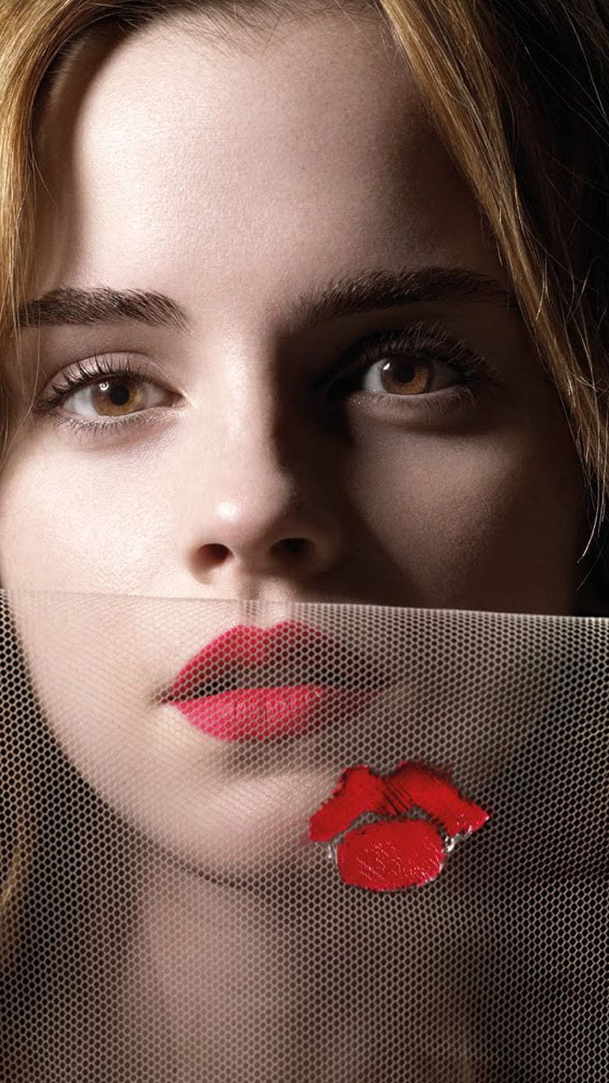 Emma Watson Close-Up Portrait With Red Lips And Mesh Veil HD phone wallpaper