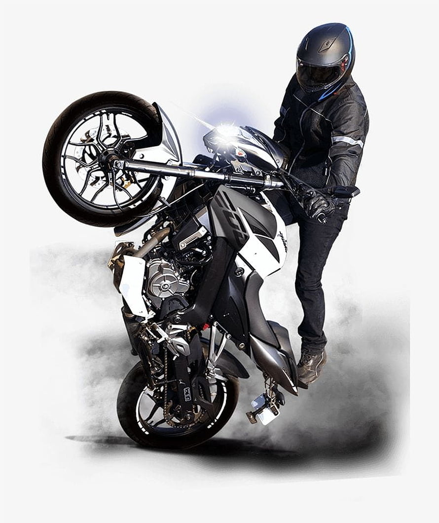 Bajaj Pulsar NS200 Motorcycle Stunt Rider Performing a Wheelie in Black and White HD phone wallpaper