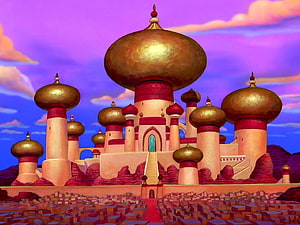 Aladdin Palace in Agrabah with Golden Domes and Purple Sky HD wallpaper