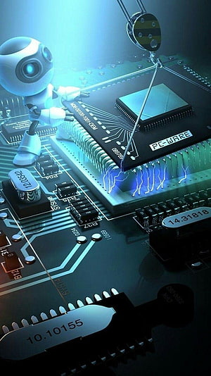 Cute Robot Working on Glowing Computer Motherboard with CPU and Circuit Traces HD phone wallpaper