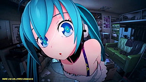 Hatsune Miku Anime Girl Leaning Forward in Dimly Lit Bedroom With Green Sofa HD wallpaper