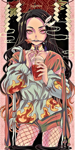 Nezuko Kamado in Demon Form with Modern Fashion and Bubble Tea HD phone wallpaper