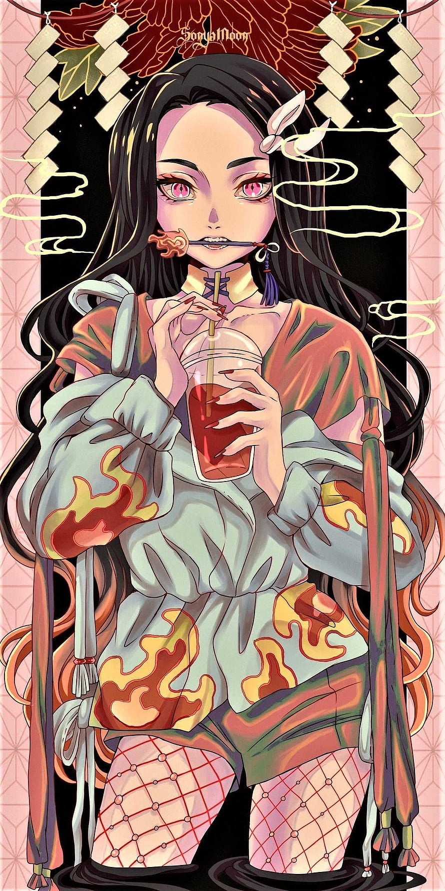 Nezuko Kamado in Demon Form with Modern Fashion and Bubble Tea HD phone wallpaper