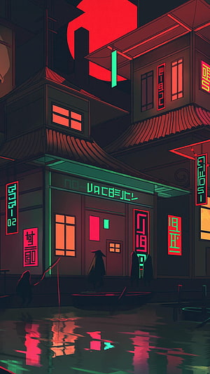 Cyberpunk Japanese Street Scene with Neon Signs and Rain Reflections HD phone wallpaper