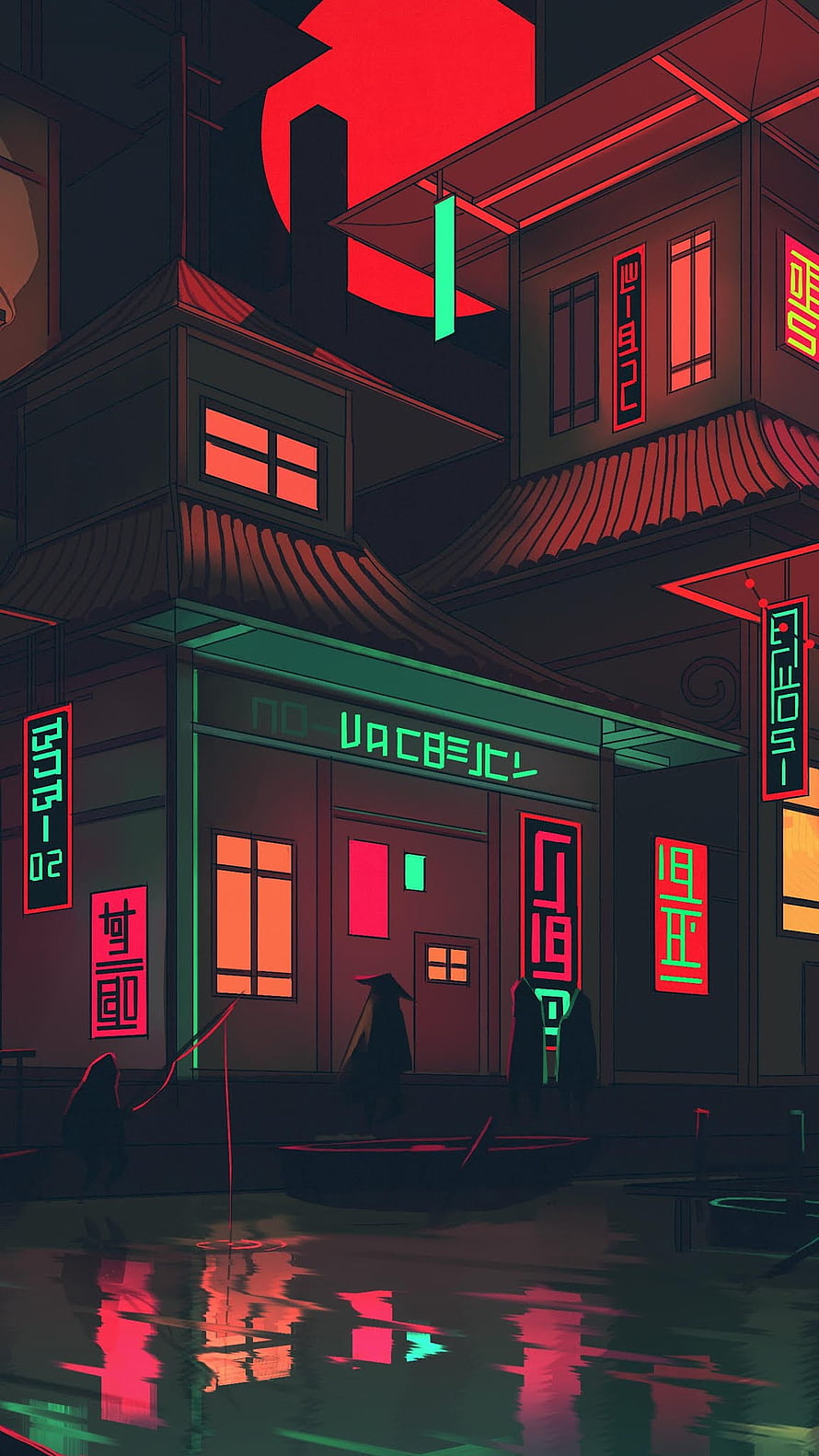 Cyberpunk Japanese Street Scene with Neon Signs and Rain Reflections HD phone wallpaper
