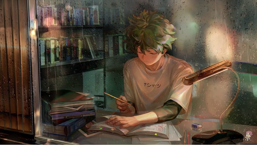 Anime Boy Studying at Desk in Rainy Room with Books and Lamp HD wallpaper