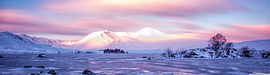 Lochan na h-Uidheam winter landscape with snow-capped mountains and pink sunset sky HD wallpaper