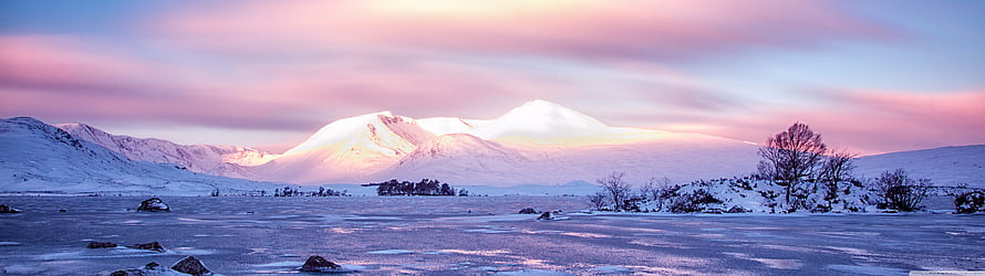 Lochan na h-Uidheam winter landscape with snow-capped mountains and pink sunset sky HD wallpaper