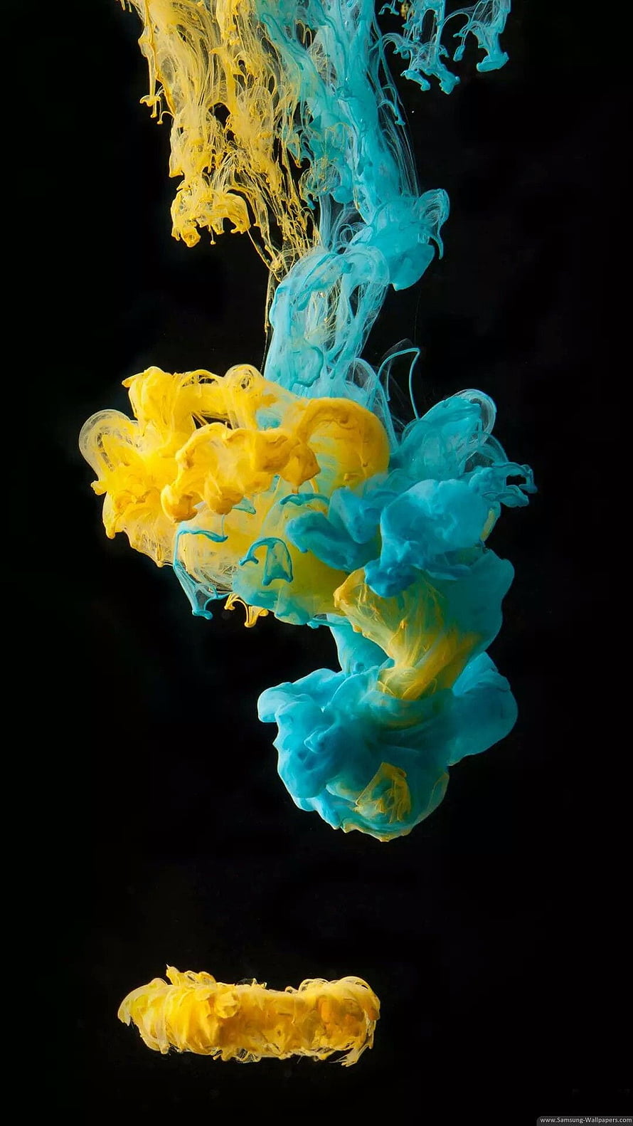 Vibrant Yellow and Cyan Ink Swirls Diffusing in Dark Water HD phone wallpaper