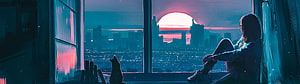 Anime Girl and Cat Silhouette Watching City Sunset Through Window HD wallpaper