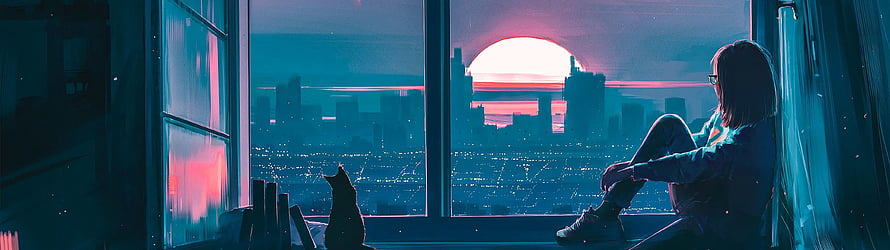 Anime Girl and Cat Silhouette Watching City Sunset Through Window HD wallpaper