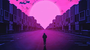 Lone Figure Walking Down Empty Street Under Giant Pink Moon in Cyberpunk Style HD wallpaper