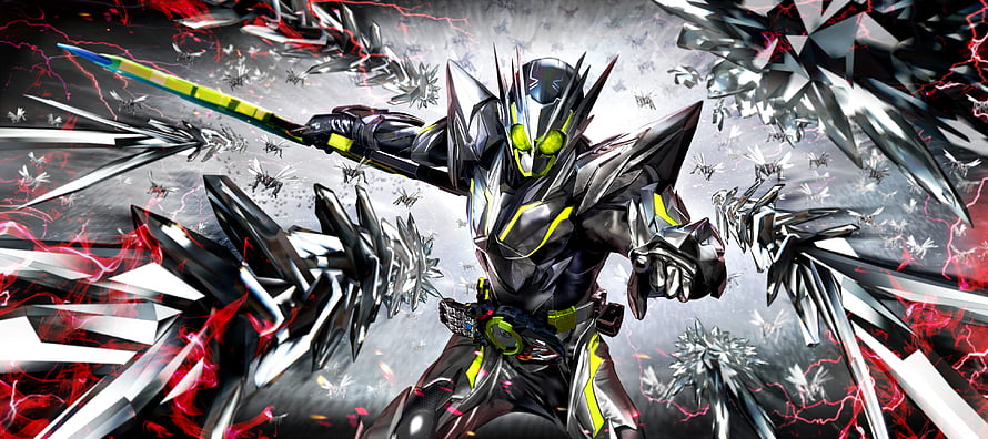 Kamen Rider Zero-One in Dark Metallic Armor with Glowing Green Eyes and Energy Blades HD wallpaper