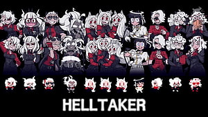 Helltaker Character Lineup and Chibi Icons on Black Background HD wallpaper