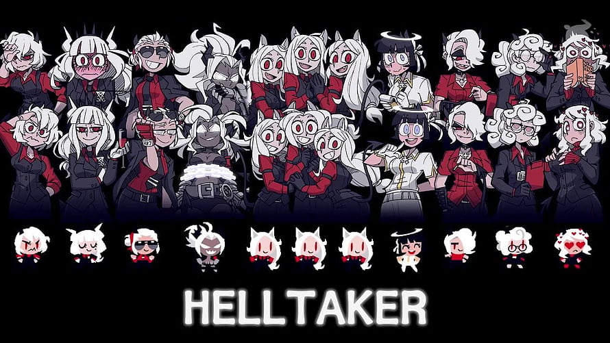 Helltaker Character Lineup and Chibi Icons on Black Background HD wallpaper
