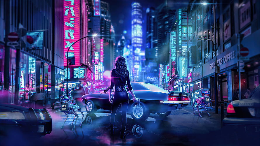 Cyberpunk Woman Standing in Neon-Lit Japanese City Street at Night HD wallpaper