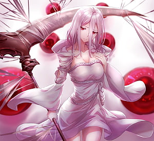 Lyxe Darkness anime character in white dress holding a scythe with red orbs HD wallpaper
