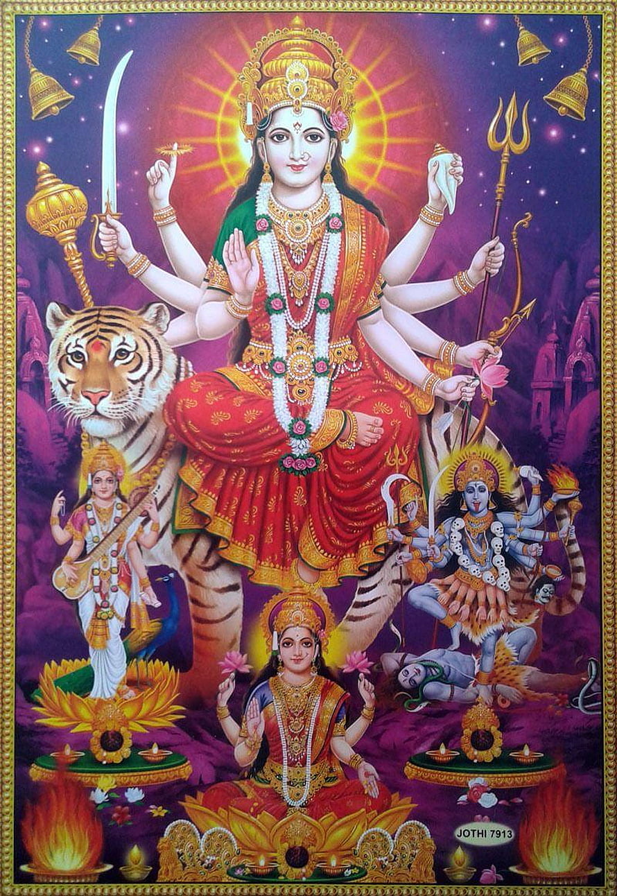 Goddess Durga Riding Tiger with Kali, Saraswati, and Lakshmi in Traditional Indian Art HD phone wallpaper
