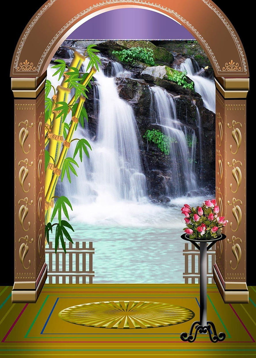 Ornate Arch Framing Bamboo Garden Waterfall Scene with Floral Stand HD phone wallpaper