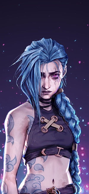 Jinx from Arcane League of Legends with blue braided hair and tattoos HD phone wallpaper