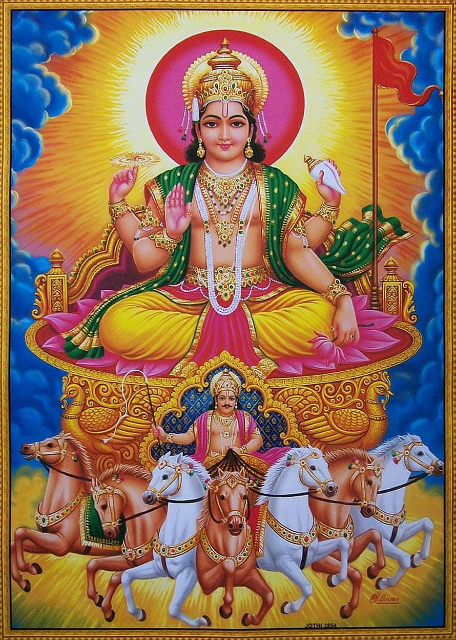 Lord Surya Narayan Hindu Sun God on Seven Horse Chariot with Radiant Golden Aura HD phone wallpaper