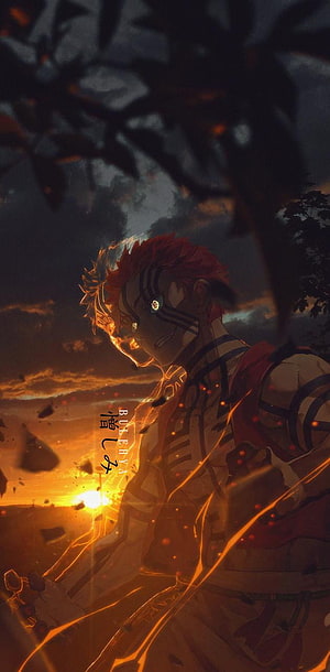 Akaza from Demon Slayer in a dramatic sunset scene with glowing embers and dark atmosphere HD phone wallpaper