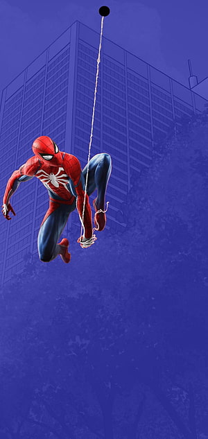Spider-Man swinging through a blue-tinted cityscape with skyscrapers and web line HD phone wallpaper