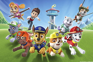 PAW Patrol Team Running Through Green Hills With Lookout Tower HD wallpaper