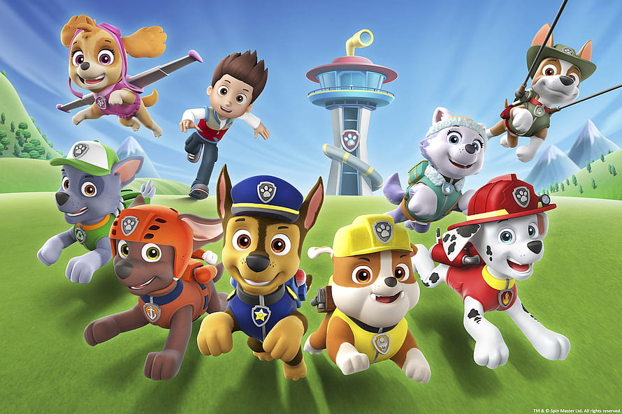 PAW Patrol Team Running Through Green Hills With Lookout Tower HD wallpaper