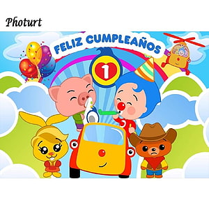 Plim Plim First Birthday Party Illustration with Cartoon Characters and Balloons HD phone wallpaper