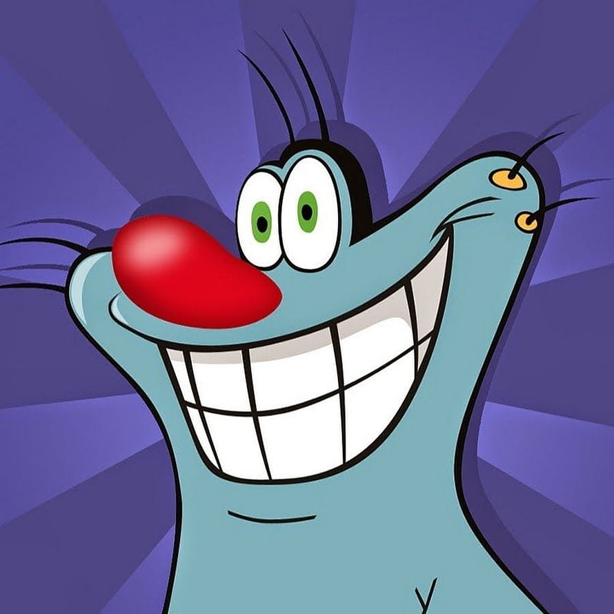 Oggy the Cat Grinning Face with Red Nose and Green Eyes on Purple Background HD phone wallpaper