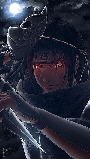 Uchiha Itachi in Sharingan Mode with Crow Mask and Kunai Under a Full Moon HD phone wallpaper