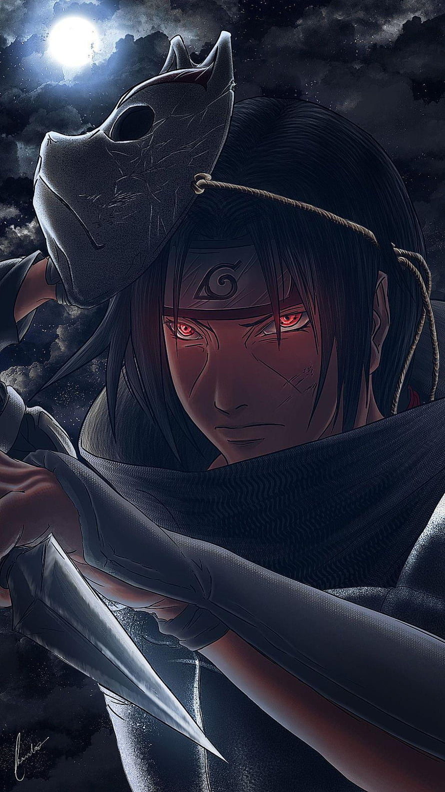 Uchiha Itachi in Sharingan Mode with Crow Mask and Kunai Under a Full Moon HD phone wallpaper