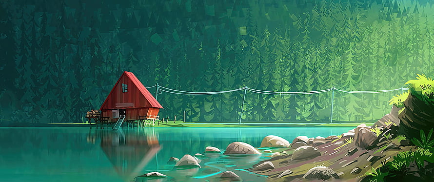Red Cabin on a Turquoise Lake Surrounded by Dense Pine Forest in a Stylized Digital Illustration HD wallpaper