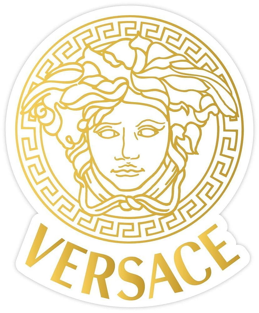 Gold Versace Medusa Head Logo with Greek Key Border on White Background HD phone wallpaper