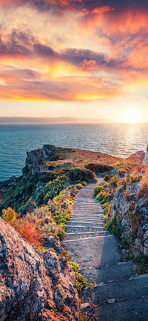 Coastal Cliff Path at Golden Hour with Dramatic Sunset Sky and Ocean View HD phone wallpaper