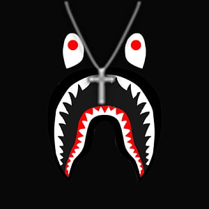 BAPE Shark Face Graphic Design with Cross Necklace on Black Background HD phone wallpaper