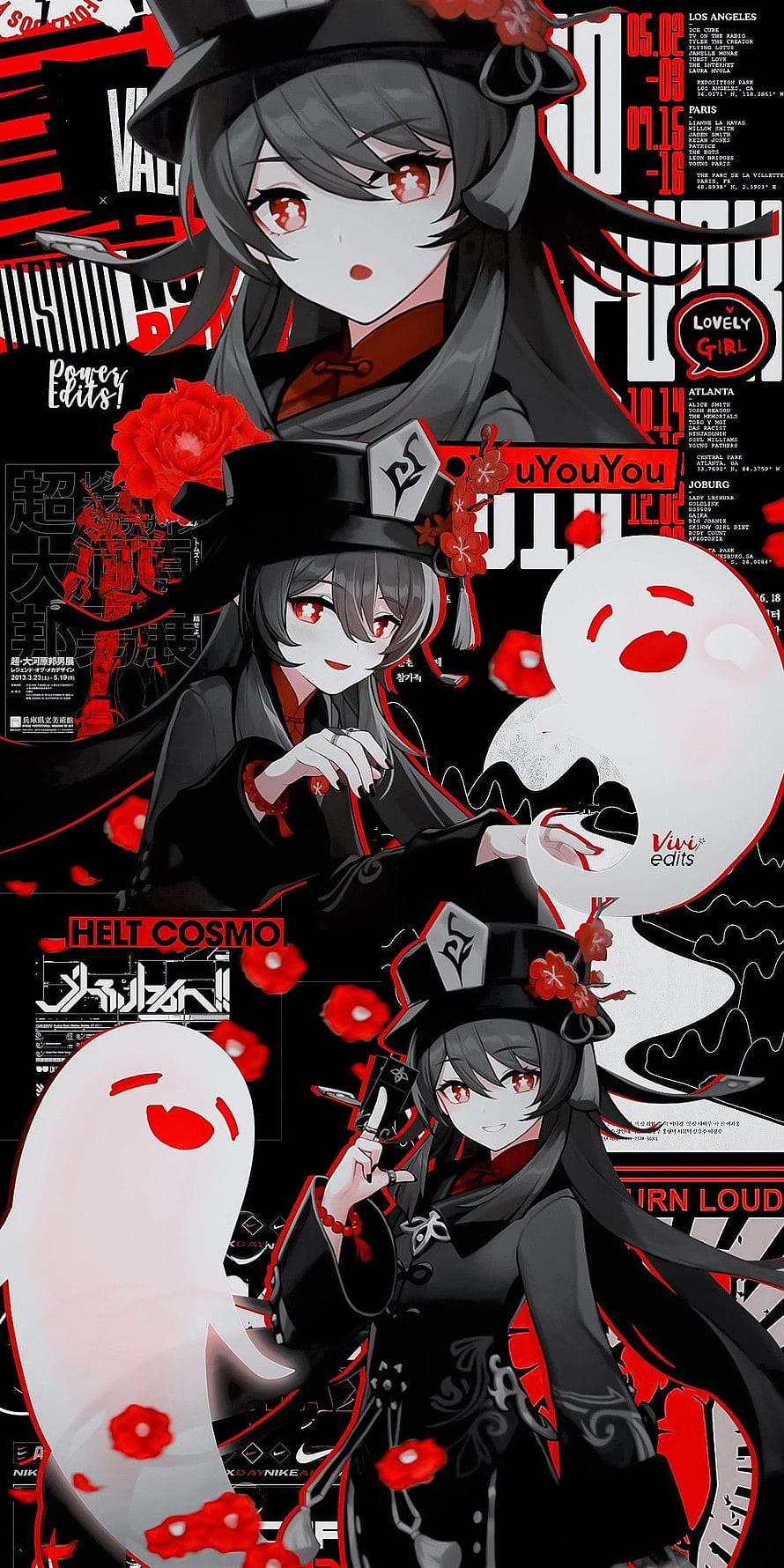 Hu Tao Genshin Impact Anime Character Art with Red Flowers and Ghosts HD phone wallpaper