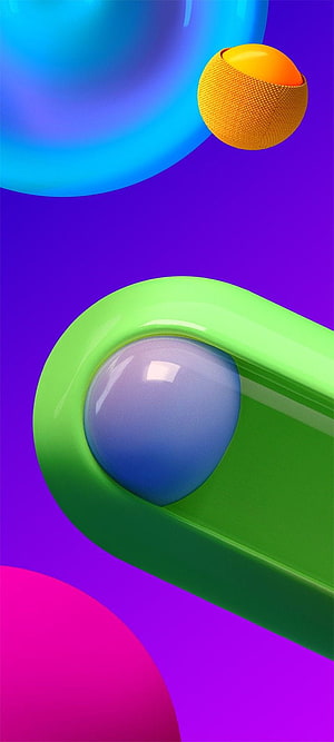 Vibrant 3D Abstract Geometric Shapes with Glossy Spheres and Curved Forms on Purple Background HD phone wallpaper