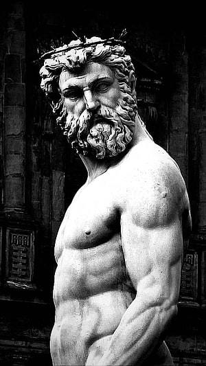 Black and White Greek Sculpture of a Bearded God with Laurel Crown HD phone wallpaper