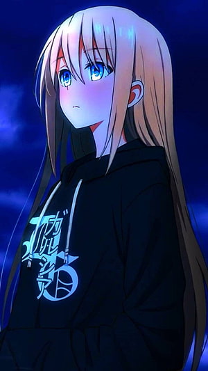 Anime Girl with Long Blonde Hair and Blue Eyes Wearing a Black Hoodie HD phone wallpaper