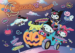 Sanrio Halloween Characters in Pumpkin Car with Hello Kitty and Friends HD wallpaper