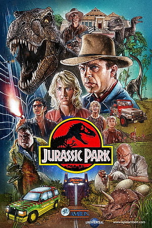 Jurassic Park Character Poster Art Featuring T-Rex, Raptors, and Main Cast HD phone wallpaper