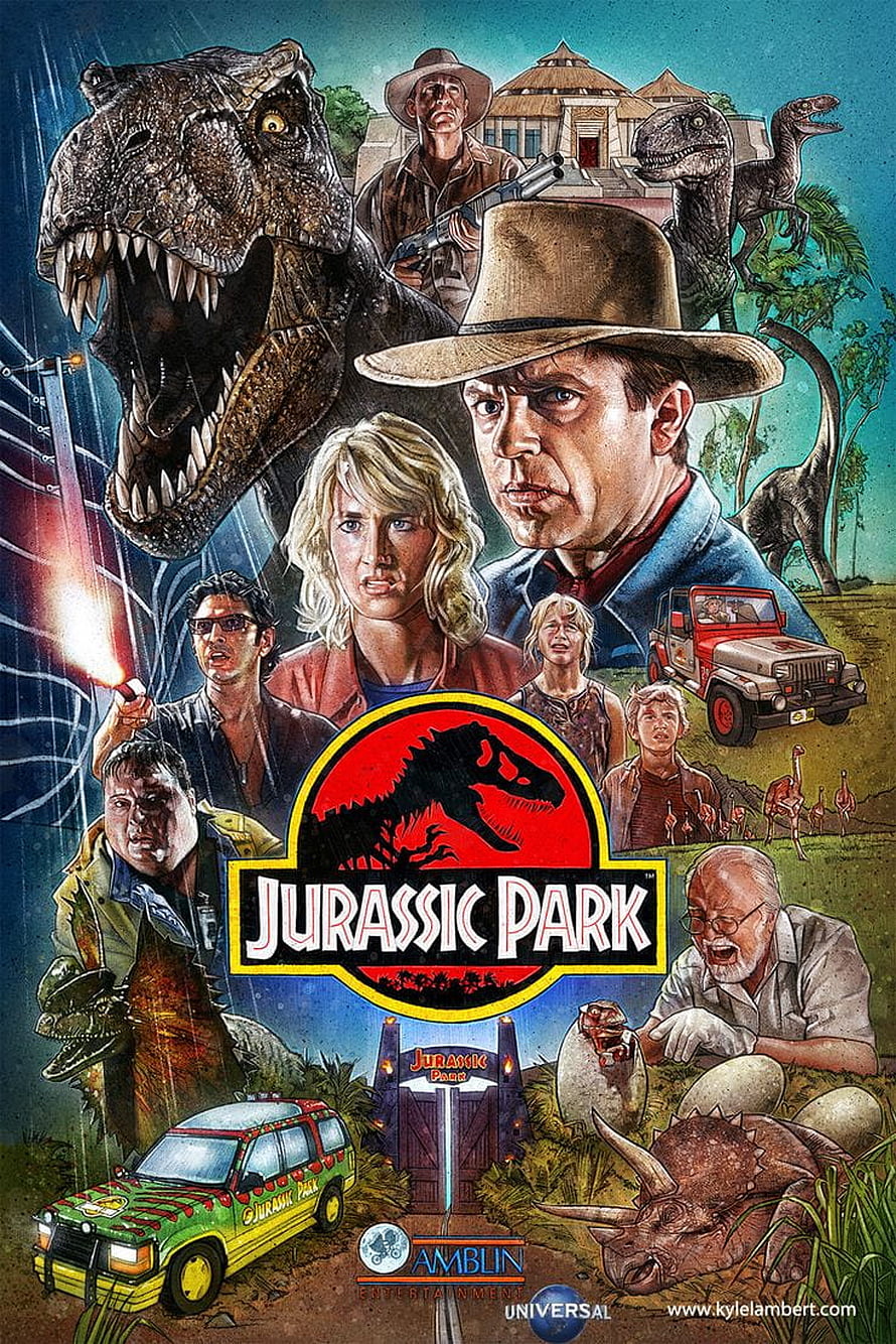 Jurassic Park Character Poster Art Featuring T-Rex, Raptors, and Main Cast HD phone wallpaper