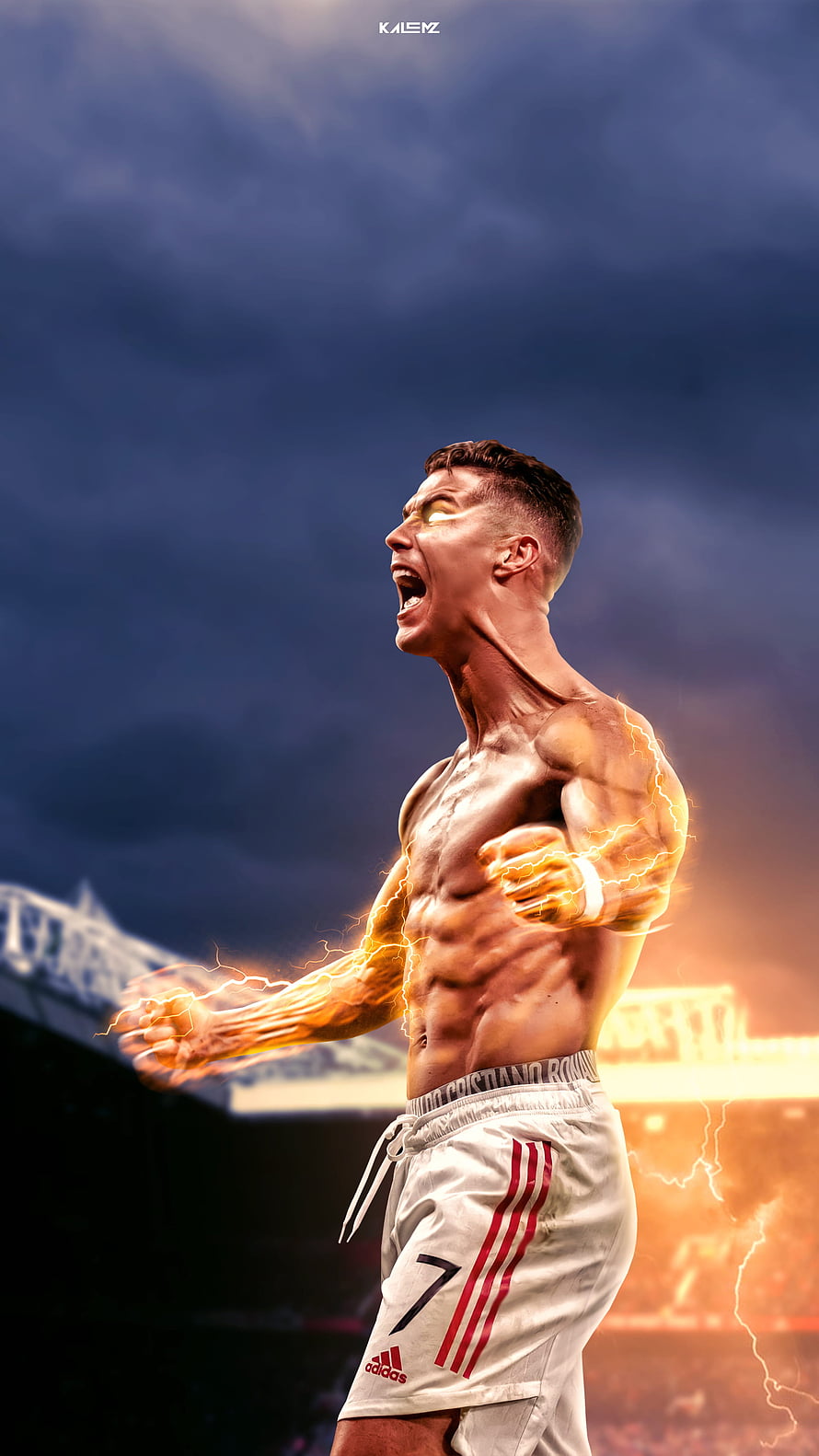 Cristiano Ronaldo shirtless celebration with electric lightning effects in a stadium HD phone wallpaper